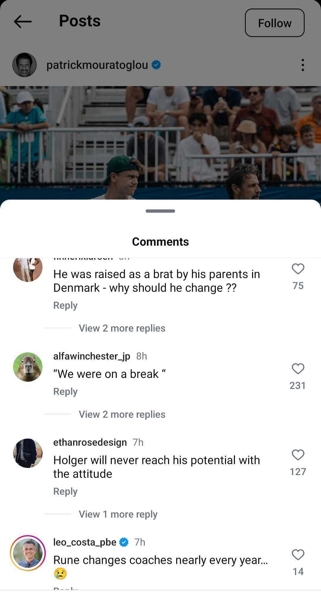 Fan reactions to Patrick Mouratoglou's Instagram post about split with Holger Rune. (Instagram @patrickmouratoglou)